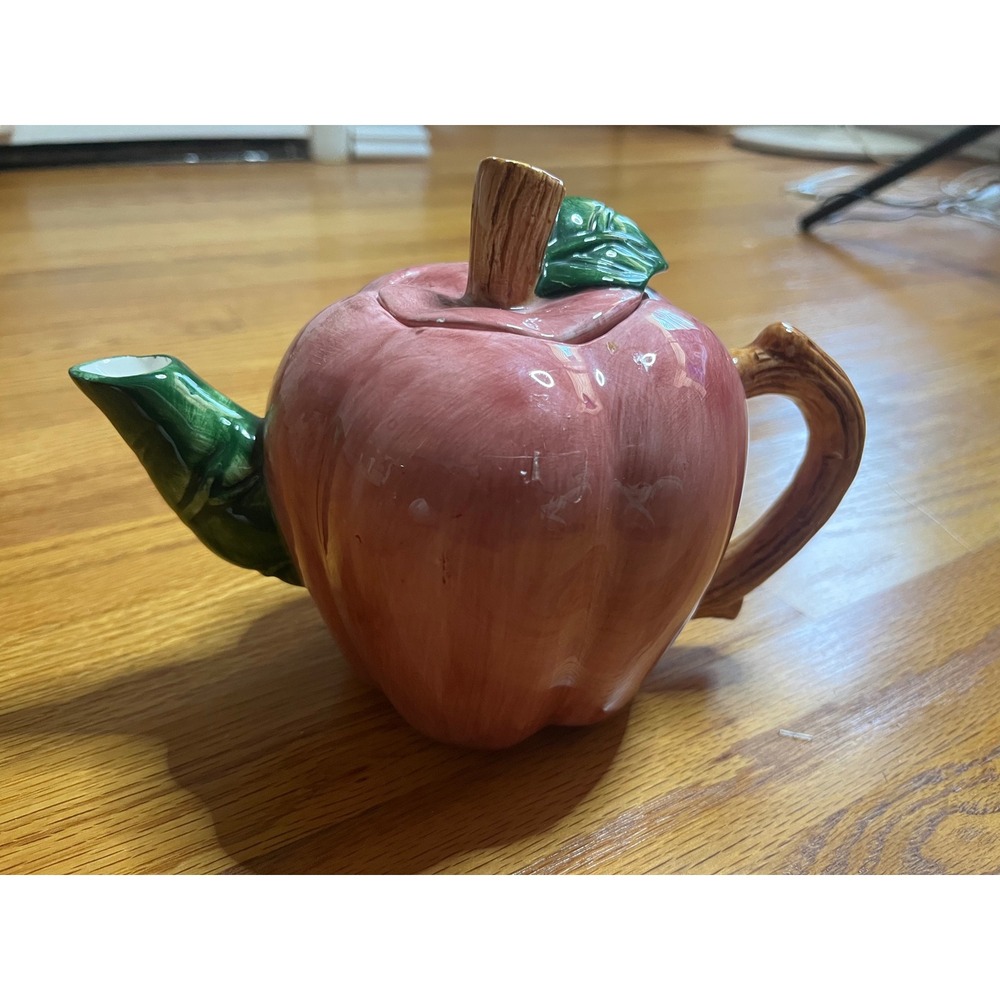 Vintage Wangs International Red Apple Ceramic Teapot with Branch Handle Lid